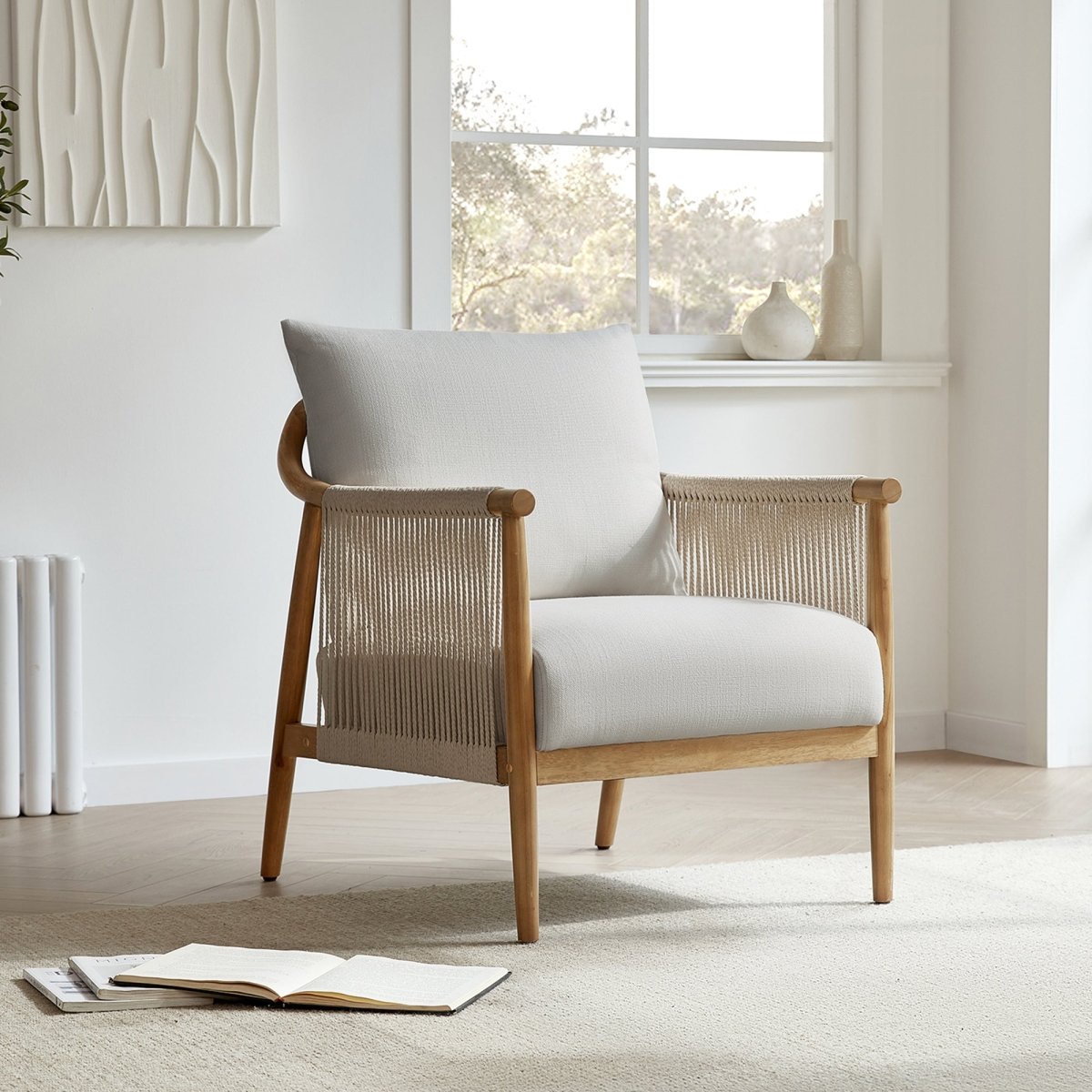 Sienna Modern Braid Chair with cream cushion and natural wood in bright living space - CHITA Living