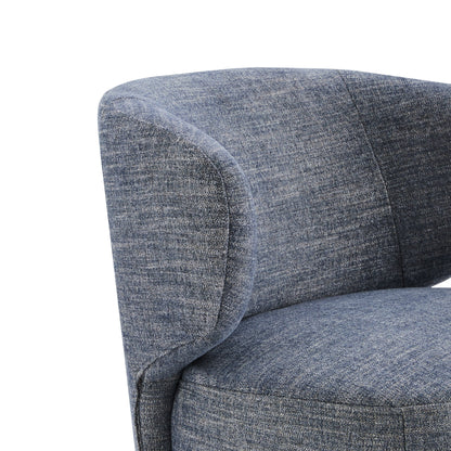 Close-up of Skylar swivel accent chair in dark denim fabric with curved backrest - CHITA Living