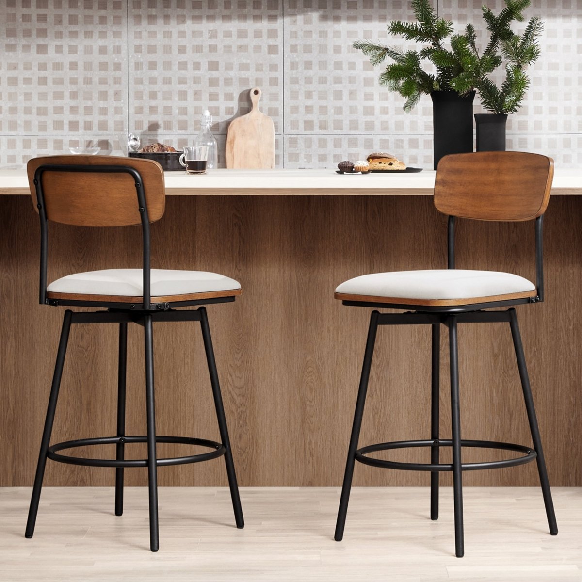 Contemporary swivel bar stools featuring wood accents at a stylish kitchen counter - CHITA Living