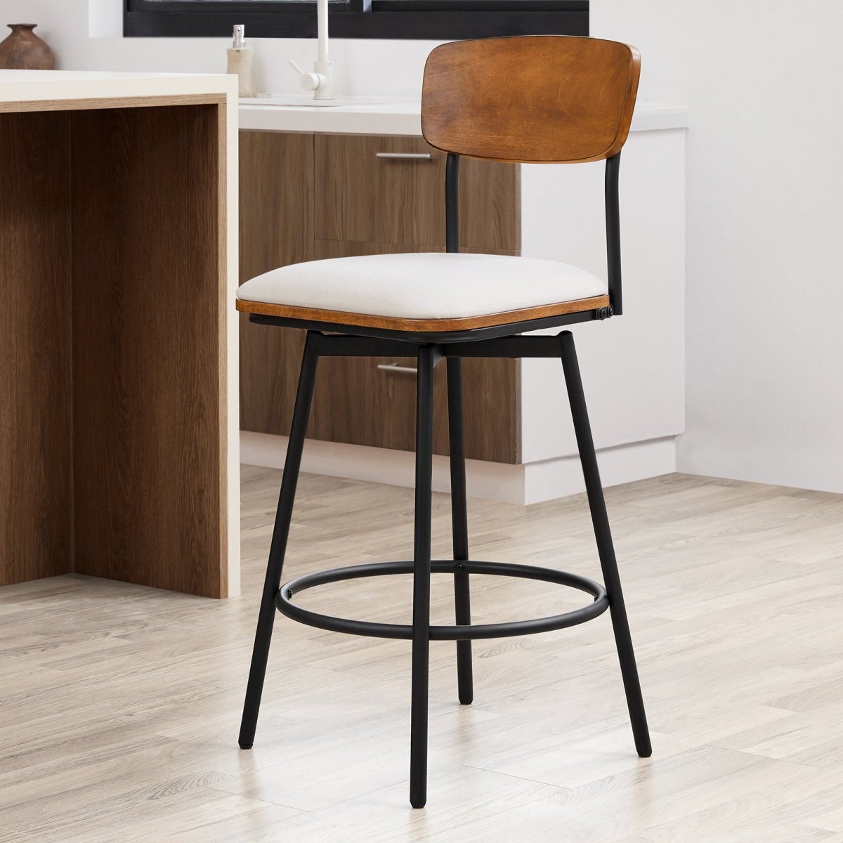 Aislinn swivel bar stool with wooden backrest and white seat at a modern kitchen setting - CHITA Living