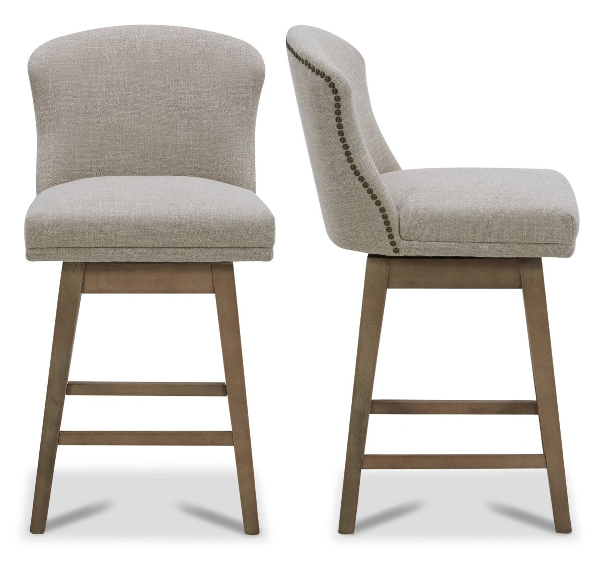 Avery swivel counter stool in light fabric with elegant curved back and wooden legs - CHITA Living