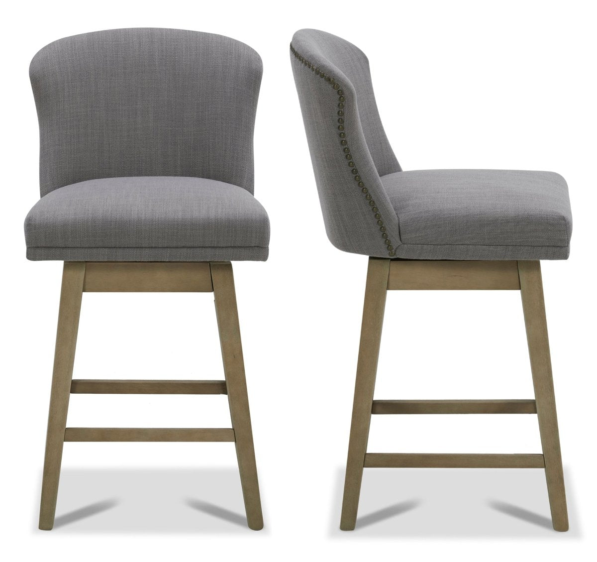 Avery swivel counter stool in gray fabric with curved back and light wooden legs - CHITA Living