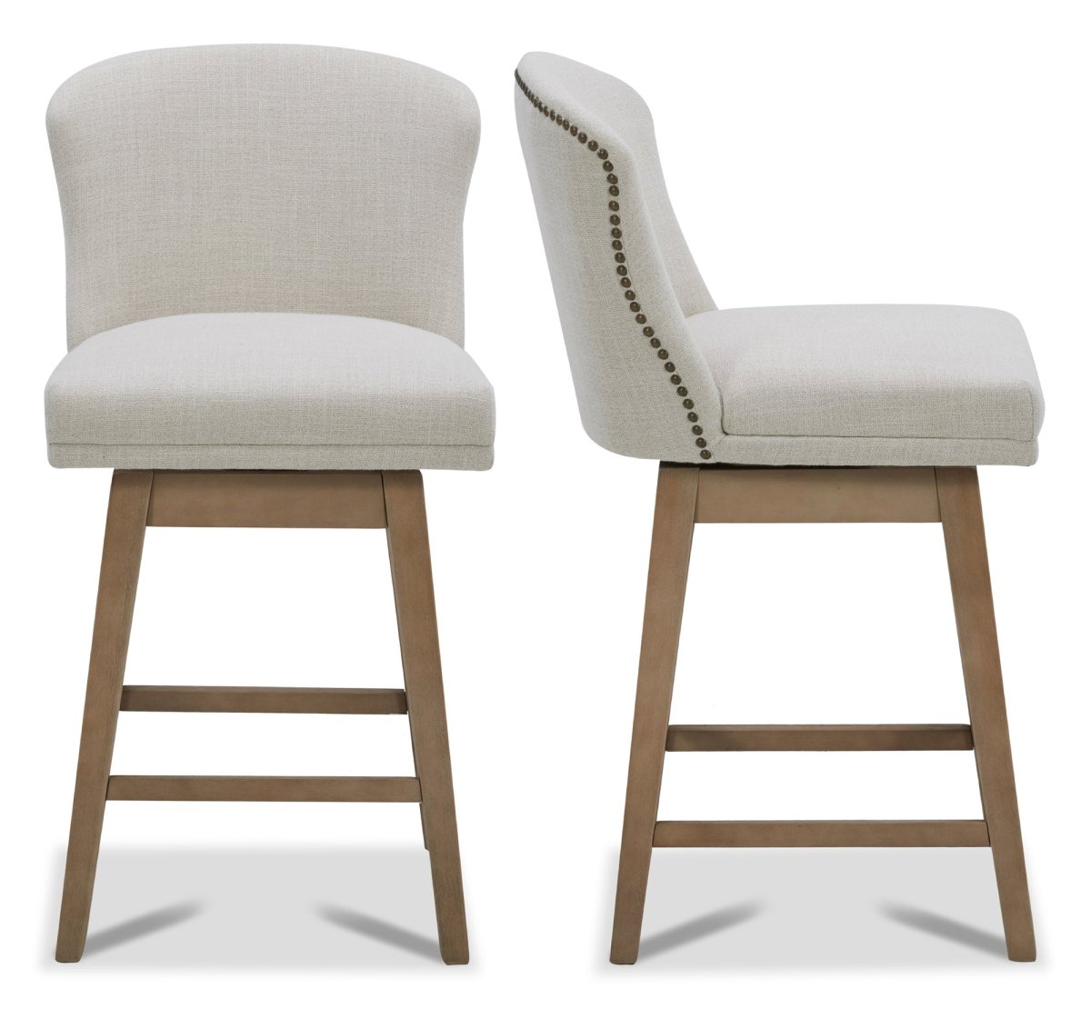 Avery swivel counter stool in light fabric with curved back and wooden legs - CHITA Living