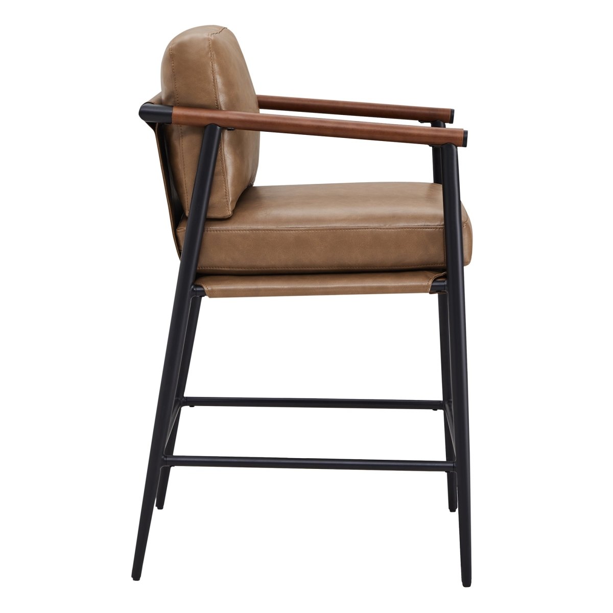 Side view of Charlotte Modern Counter Stool featuring brown leather and wooden armrests - CHITA Living