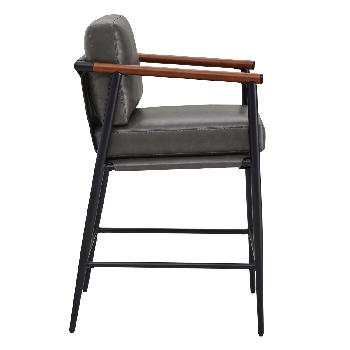 Charlotte Modern Counter Stool with gray leather seat and wooden armrests in side view - CHITA Living