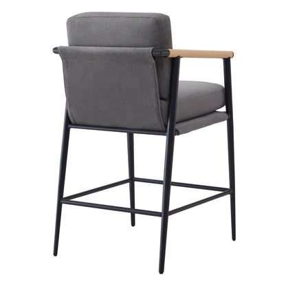 Charlotte Modern Counter Stool with gray fabric and wooden armrests in sleek kitchen setting - CHITA Living