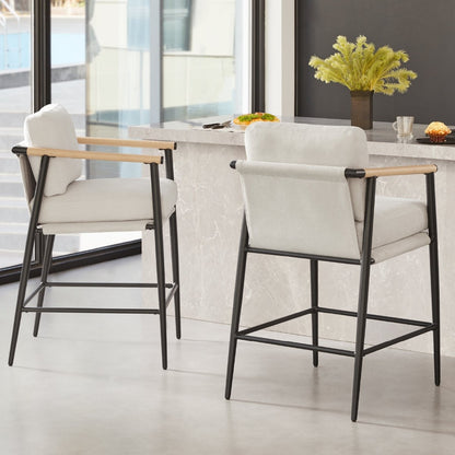 Charlotte Modern Counter Stool in light gray fabric with wood armrests in a modern kitchen - CHITA Living