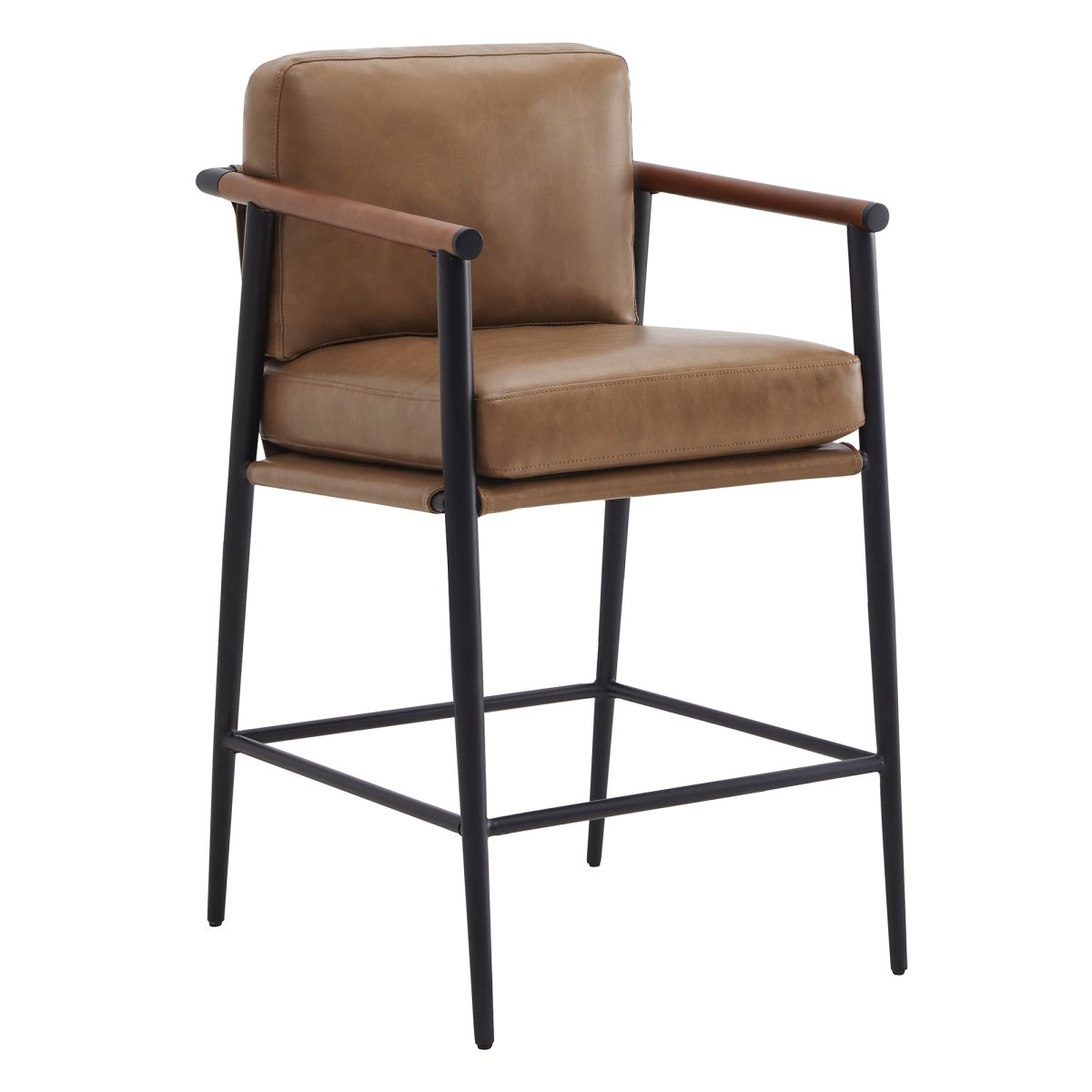 Charlotte Modern Counter Stool with brown leather seat and wooden armrests in minimalist design - CHITA Living