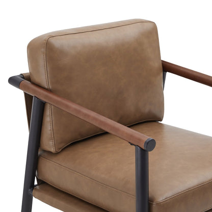 Charlotte Modern Counter Stool close-up showing brown leather seat and wooden armrests - CHITA Living