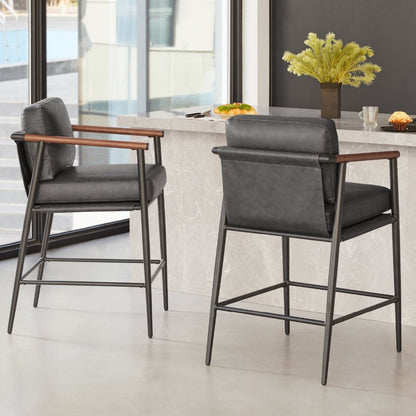 Charlotte Modern Counter Stools with gray leather and wooden armrests in contemporary kitchen - CHITA Living