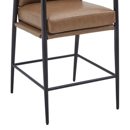 Close-up of Charlotte Modern Counter Stool with brown leather seat and metal frame - CHITA Living