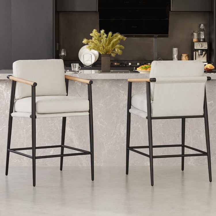 Charlotte Modern Counter Stool with light gray fabric and wooden armrests in contemporary kitchen - CHITA Living