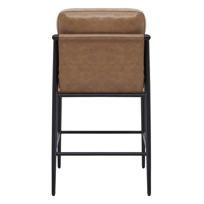 Back view of Charlotte Modern Counter Stool with brown leather seat and metal frame - CHITA Living