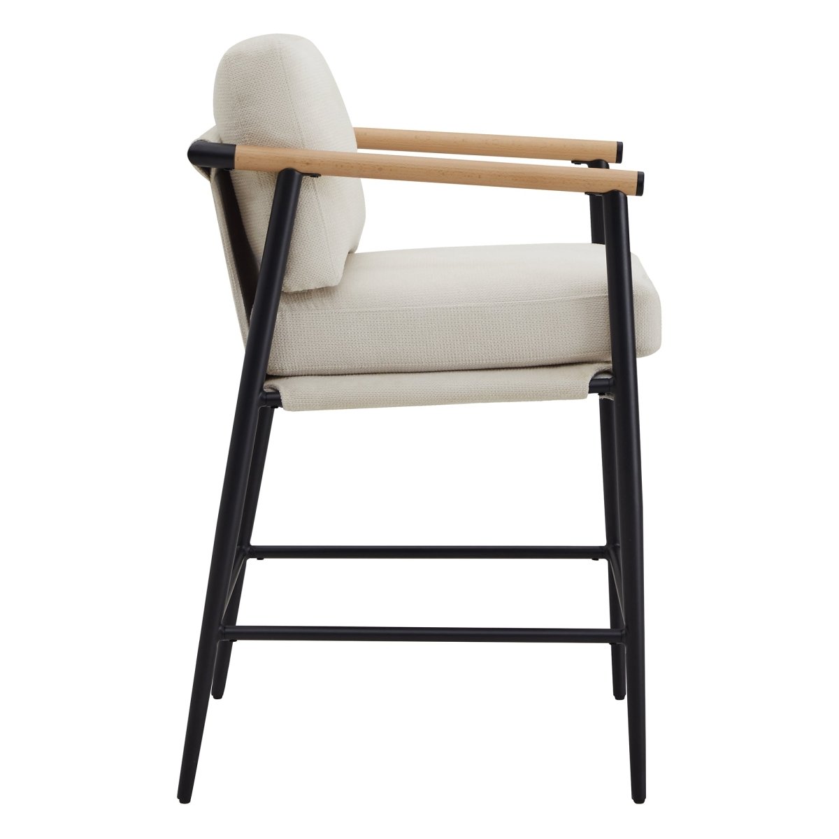 Charlotte Modern Counter Stool in cream fabric with wooden armrests and sleek black frame - CHITA Living