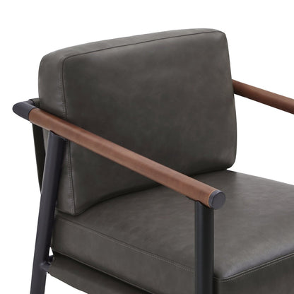 Charlotte Modern Counter Stool with dark green leather seat and wooden armrests - CHITA Living