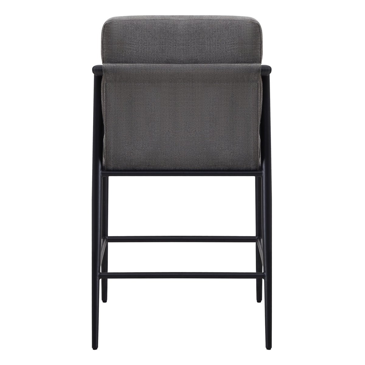 Back view of Charlotte Modern Counter Stool with gray fabric and black metal frame - CHITA Living