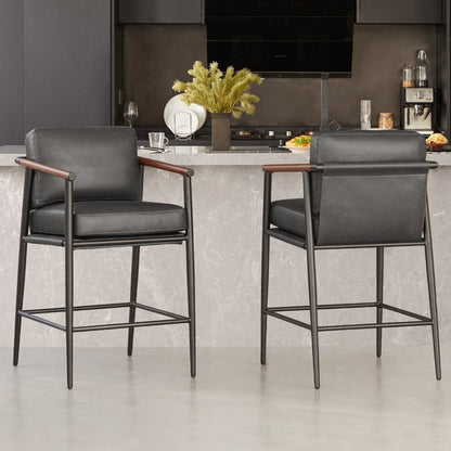 Charlotte Modern Counter Stools with black leather and wood armrests in contemporary kitchen - CHITA Living