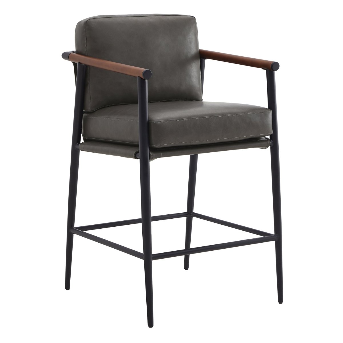 Charlotte Modern Counter Stool with dark green leather seat and wooden armrests - CHITA Living