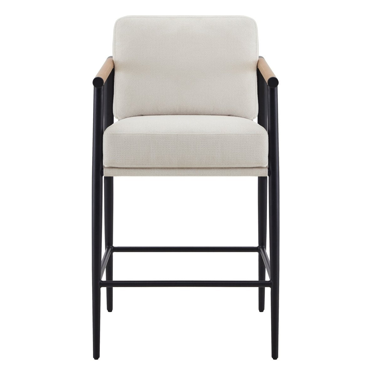 Charlotte Modern Counter Stool with cream fabric seat and black metal frame, wooden armrests - CHITA Living