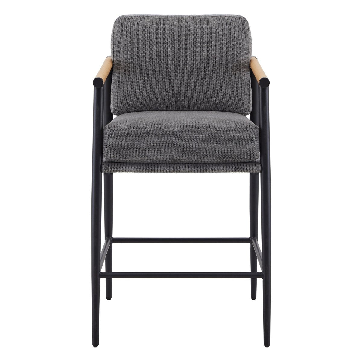 Charlotte Modern Counter Stool with gray fabric seat and wooden armrests - CHITA Living