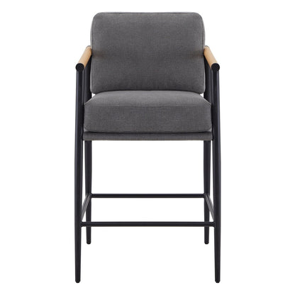 Charlotte Modern Counter Stool with gray fabric seat and wooden armrests - CHITA Living