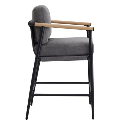 Charlotte Modern Counter Stool in gray fabric with wooden armrests and black metal frame - CHITA Living