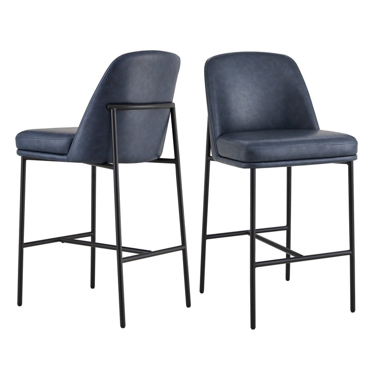 Golda Counter Stools with blue faux leather seats and black metal legs, contemporary style - CHITA Living