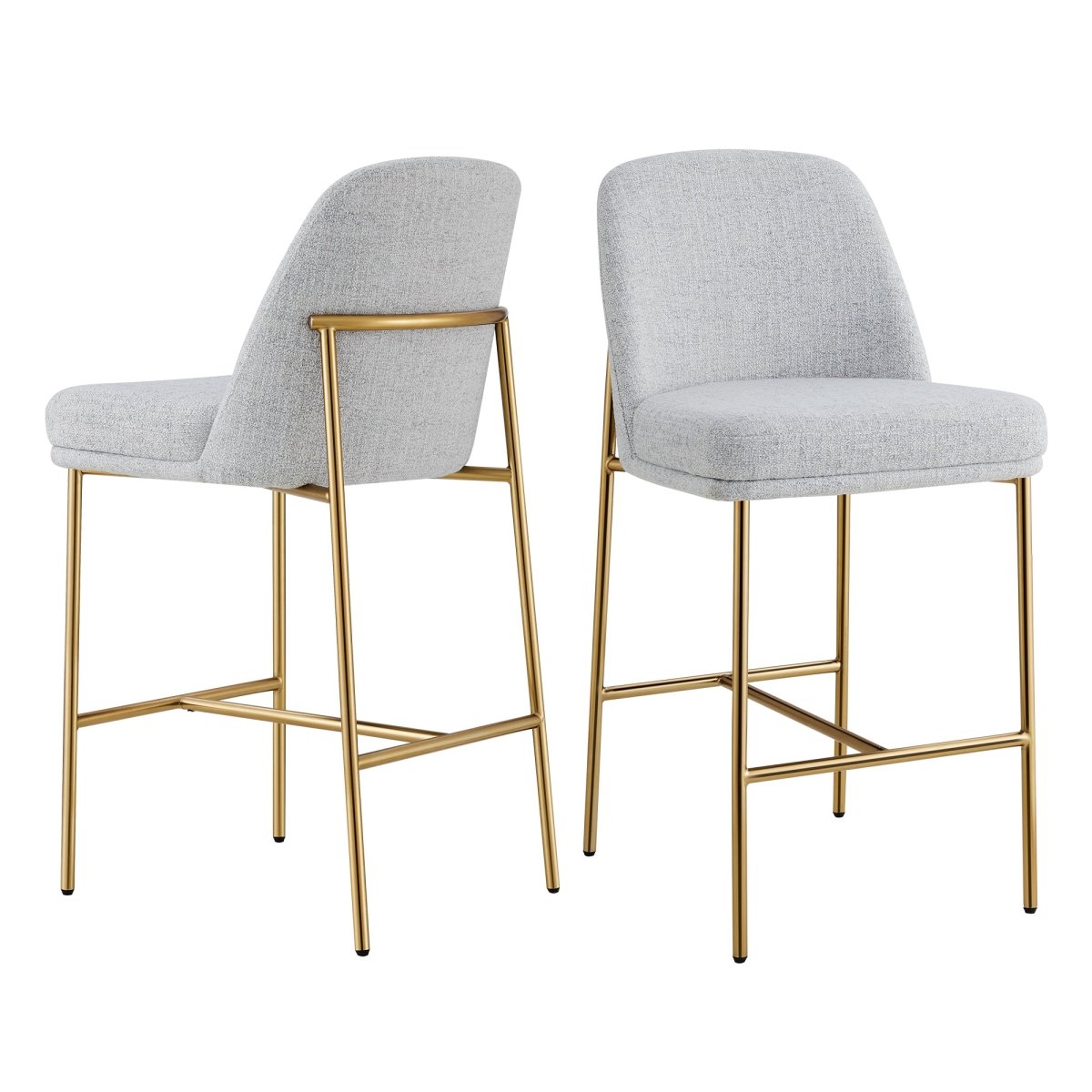 Golda Counter Stools with gray fabric seats and gold metal legs, modern design - CHITA Living