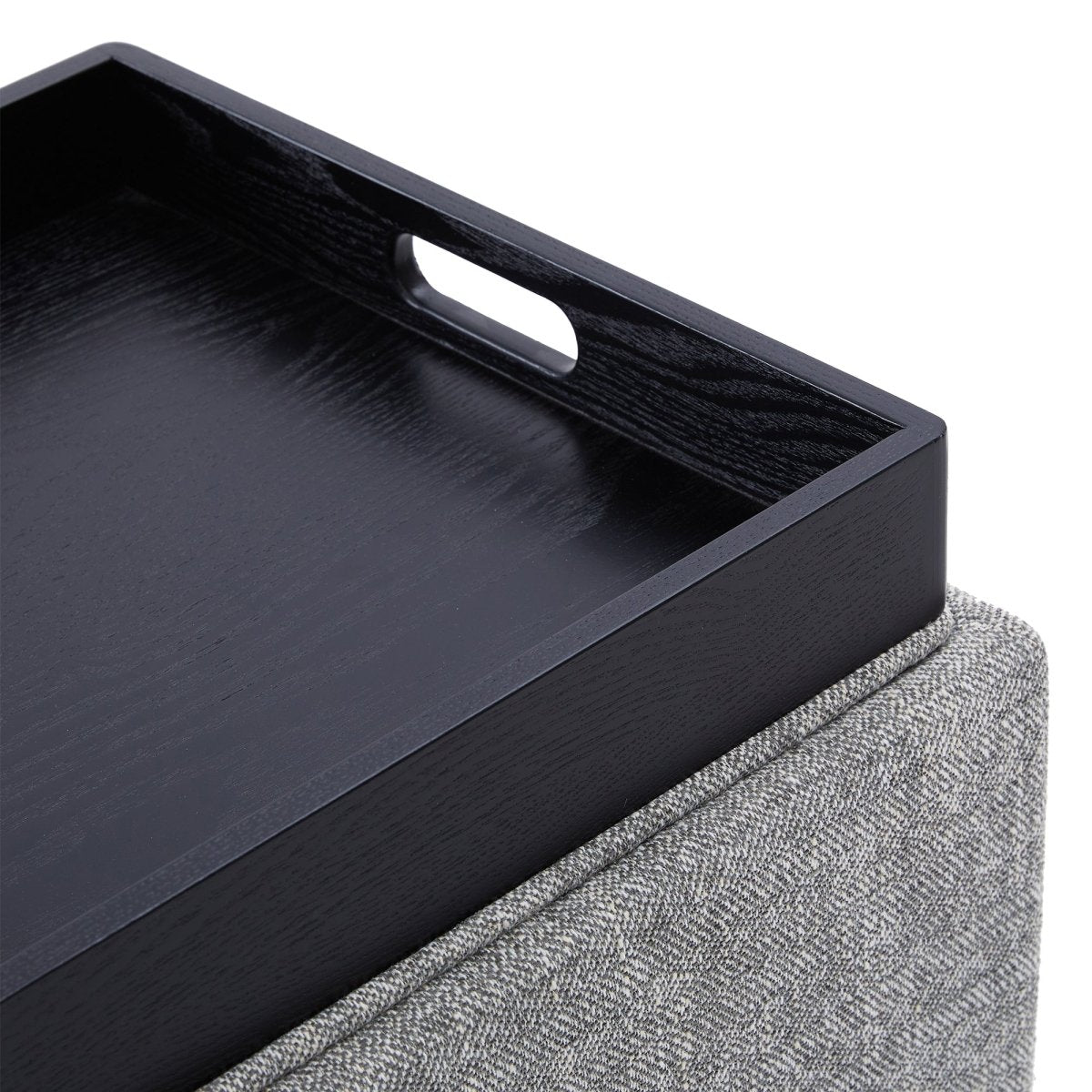 Close-up of gray cube ottoman top with detachable black tray, ideal for stylish decor - CHITA Living