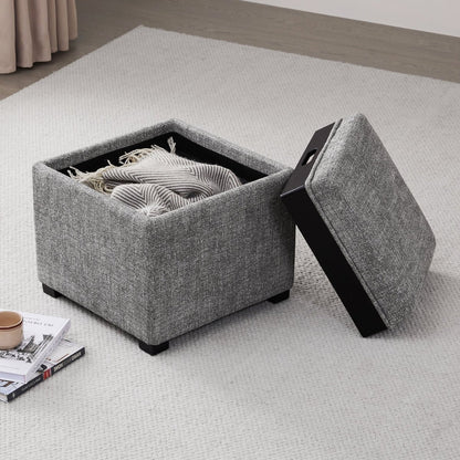 Gray cube storage ottoman with soft lid and blanket inside, ideal for modern living spaces - CHITA Living