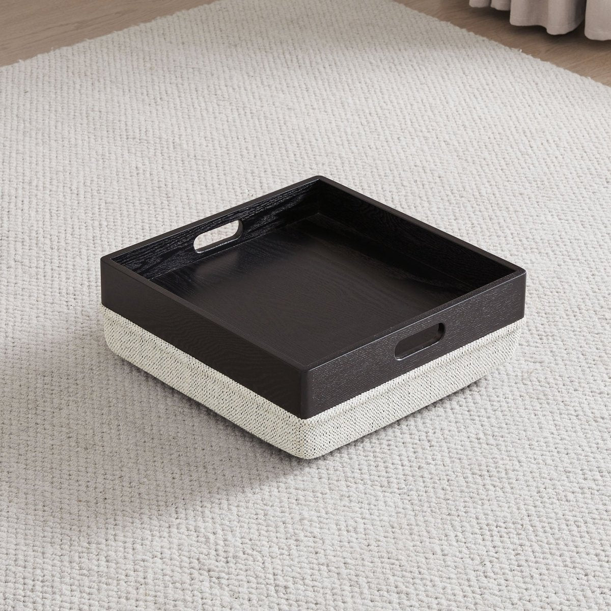 Detachable black tray on textured gray cube storage ottoman, ideal for modern decor - CHITA Living