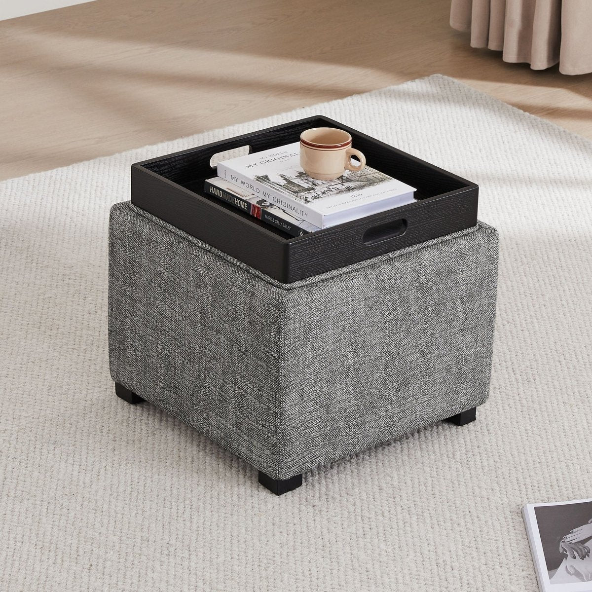 Versatile gray cube storage ottoman with removable black tray for stylish living areas - CHITA Living