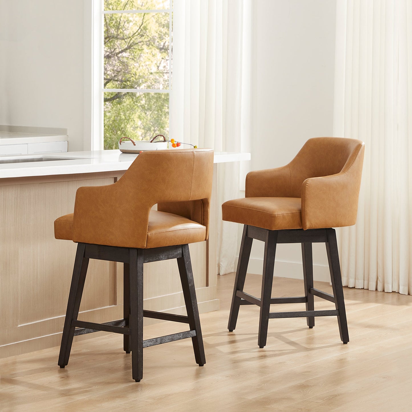 CHITA LIVING-Ava Swivel Counter Stool ( Set of 2 )-Counter Stools-Faux Leather-Cognac-