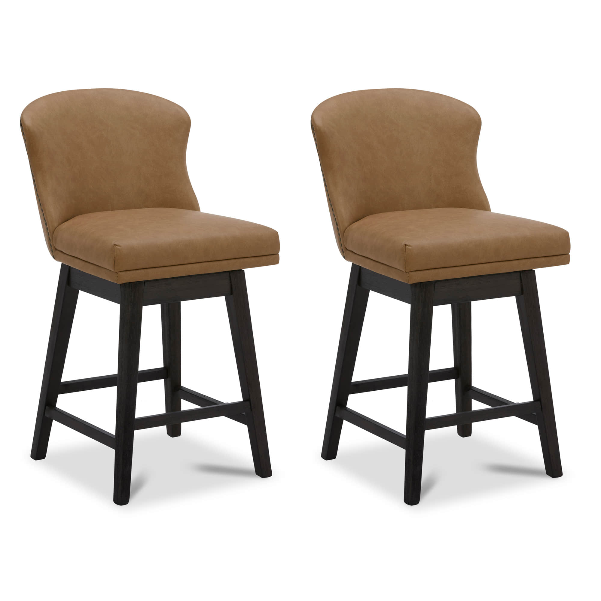 CHITA LIVING-Avery Swivel Counter Stool ( Set of 2)-Counter Stools-Faux Leather-Cognac-