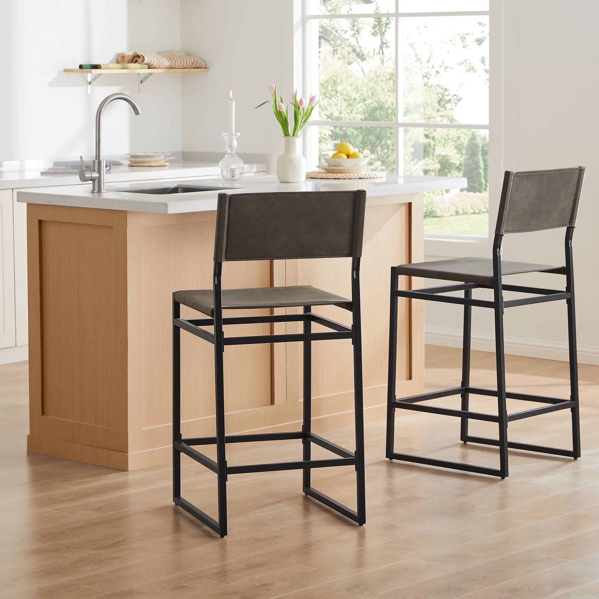 CHITA LIVING-Emmy Faux Leather Contemporary Counter Stool-Counter Stools-Set of 2-Gray-