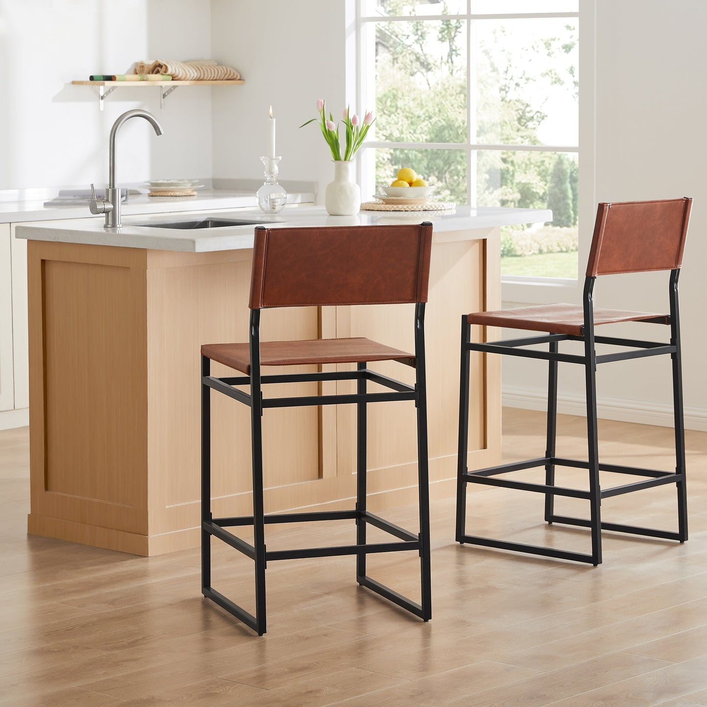 CHITA LIVING-Emmy Faux Leather Contemporary Counter Stool-Counter Stools-Set of 2-Brown-