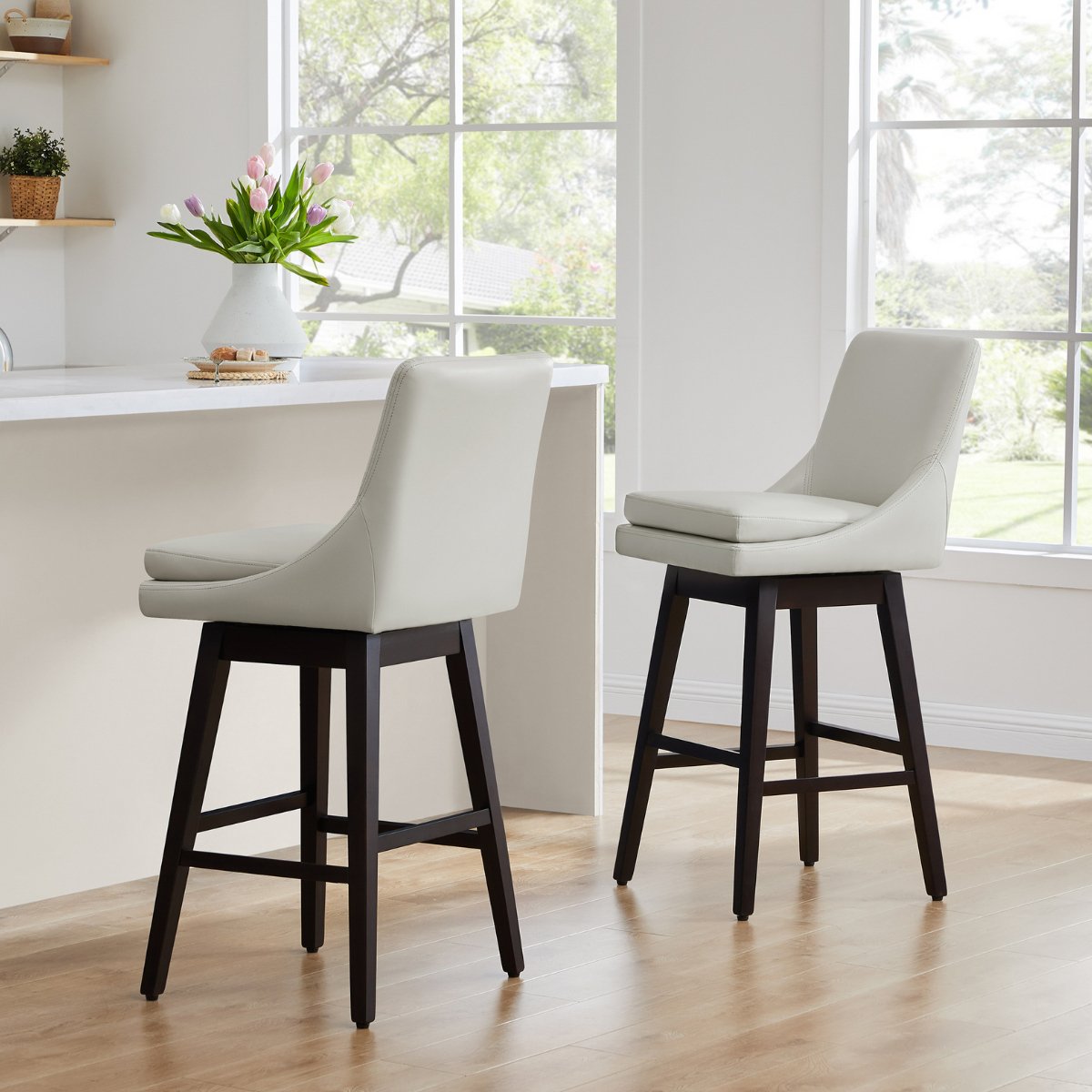 CHITA LIVING-Lissa Swivel Counter Stool 26.8'' ( Set of 2)-Counter Stools-Faux Leather-Light Gray-