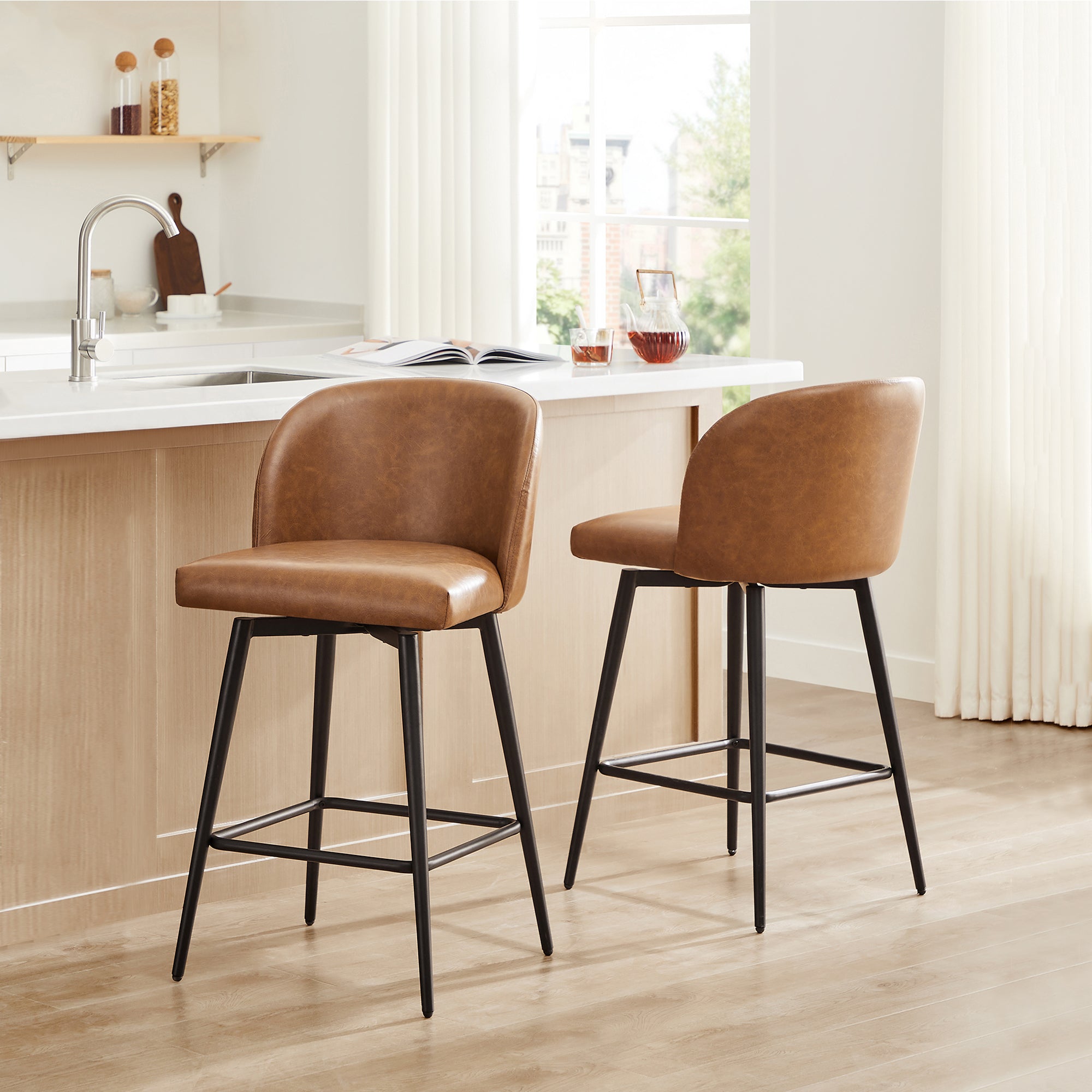 CHITA LIVING-Nova Swivel Counter Stool-Counter Stools-Faux Leather-Saddle Brown-Set of 2