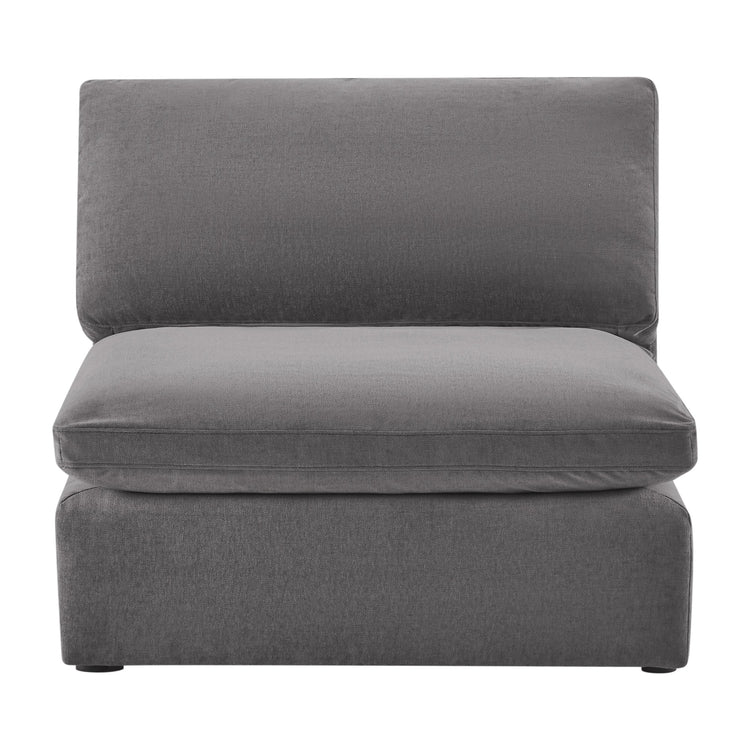 Kenna Armless Chair in gray fabric, low profile, modern design, comfortable seating