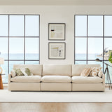 Kenna 3 Seat Modular Sofa in beige fabric with ocean view. Comfortable, deep seat, and soft cushions.