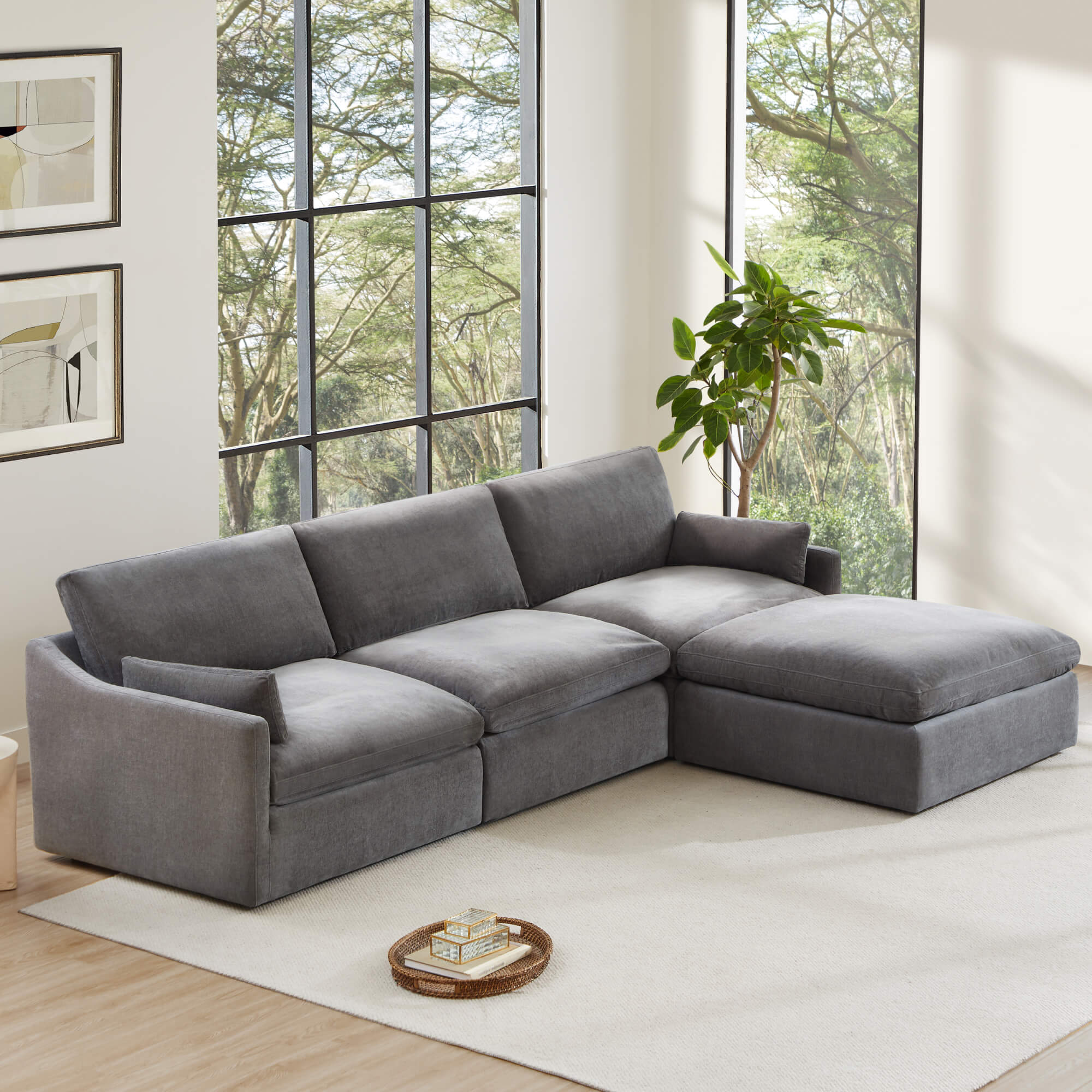 CHITA LIVING-Kenna Modular 4-Piece Sofa-Chaise Sectional (131")-Sofas-Fabric-Dark Gray-