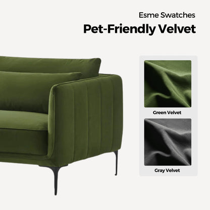 Esme Sofa in green pet-friendly velvet with green and gray swatches