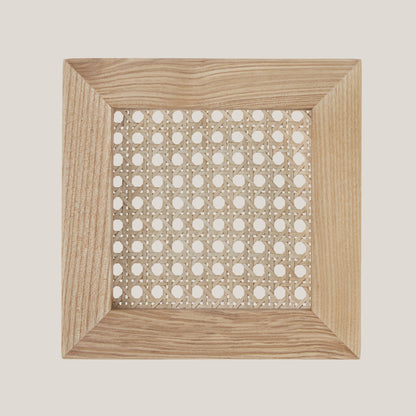 Julane wood sample featuring woven rattan panel and solid wood frame for eco-friendly decor.