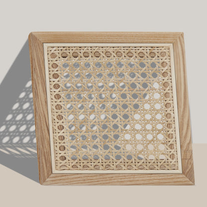 Julane wood sample with woven rattan panel showcasing organic design and craftsmanship